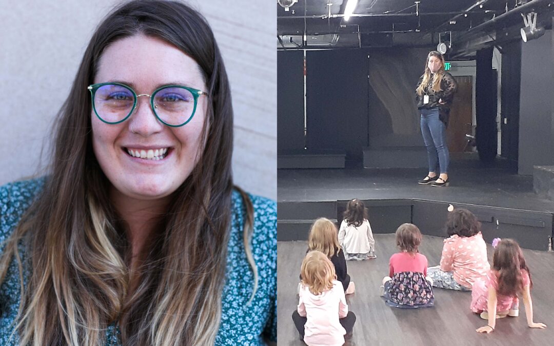 Two photographs shown in this image; one a portrait of departing Artistic Director Olivia Theilemann, the other of her on stage directing young children in theater in Bellingham at BAAY.