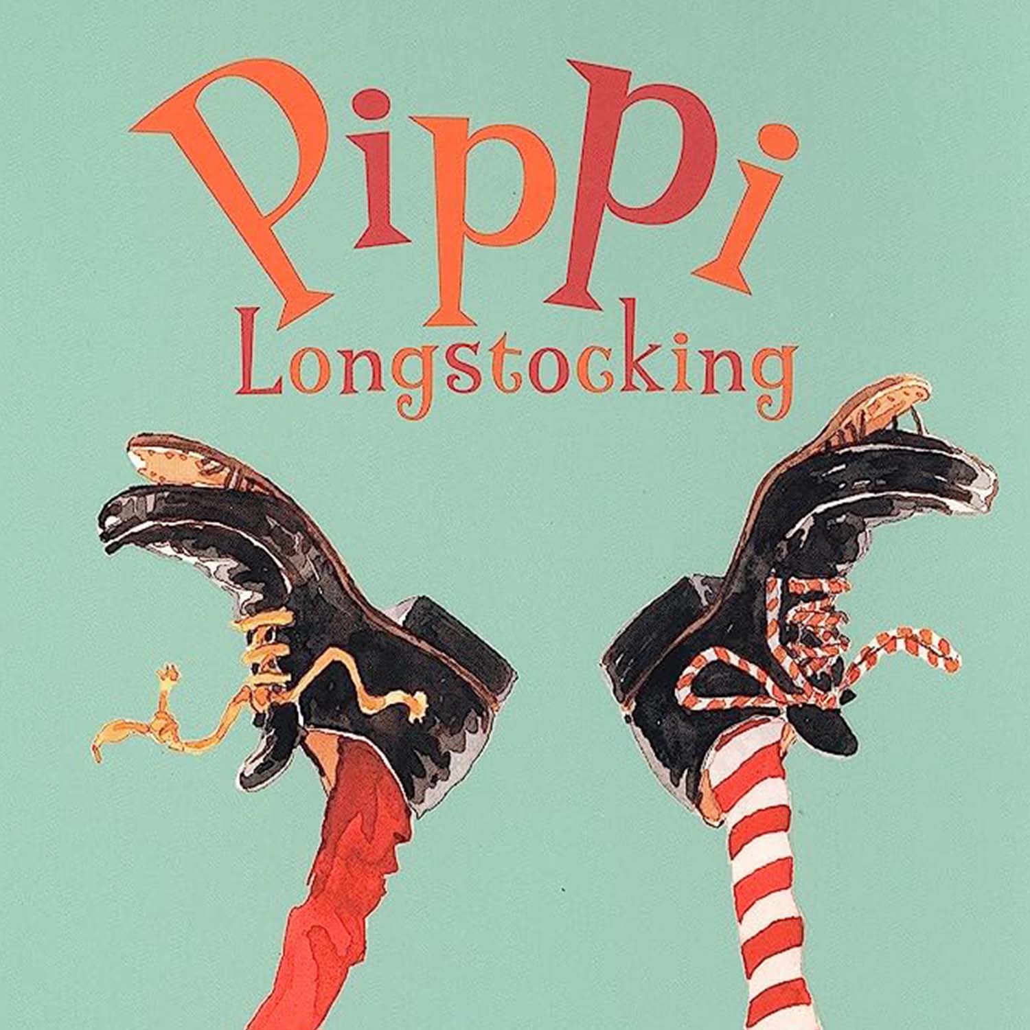 Image is a graphic of two big shoes and funny socks with the words "Pippi Longstocking" about kids theater in Whatcom County and musical theater for youth in Bellingham